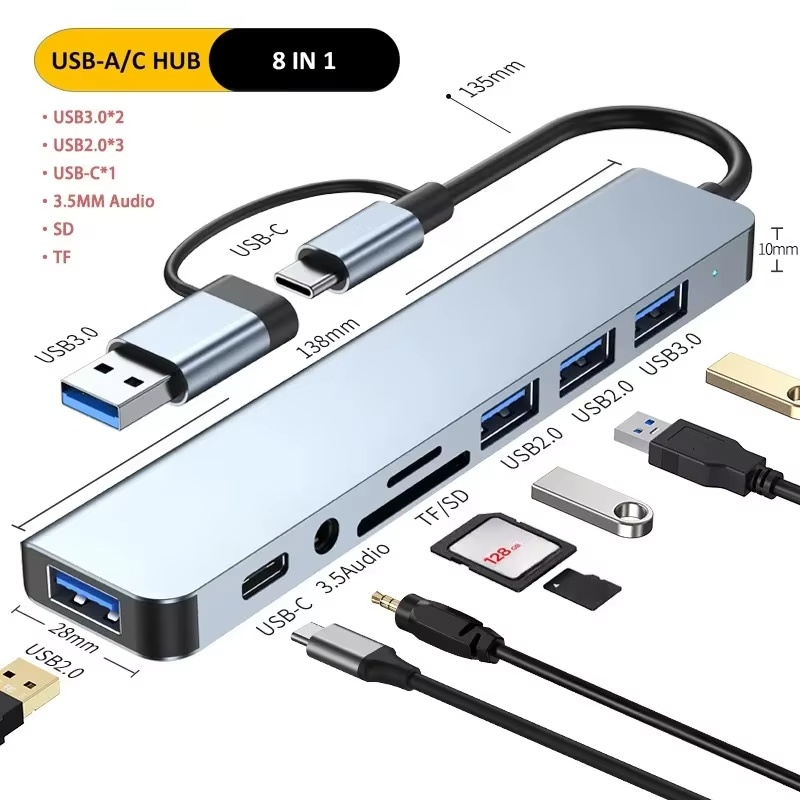 Splitter USB Hub Tipe C 8 In 1 - Multi Port Usb Hub ulasan dan harga